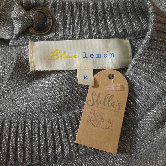 Blue Lemon Womens Silver Bishop Sleeve Keyhole Tie Back Sweater Size M NWT - Picture 3 of 5